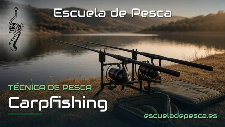 Dos cañas de carpfishing en un rod pod con avisadores, sacadera y esterilla a orillas de un embalse