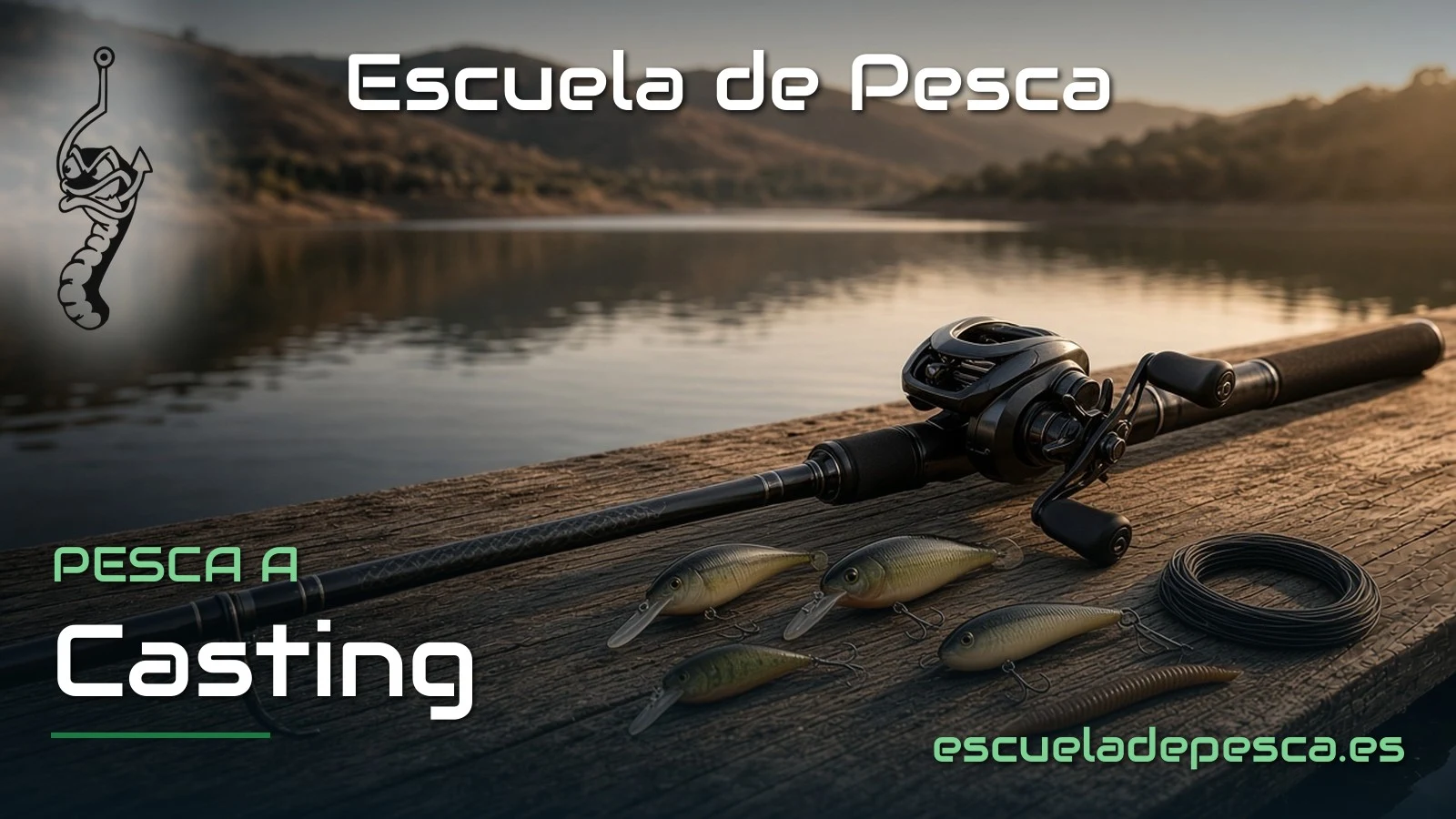 Caña y carrete de casting con señuelos en un embarcadero de embalse