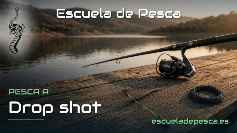 Caña de spinning y montaje de drop shot con el plomo abajo y el vinilo arriba en un embarcadero
