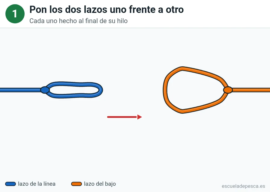 Nudo Lazo a lazo (cabeza de alondra), paso 1 de 4: Pon los dos lazos uno frente a otro. Cada uno hecho al final de su hilo.