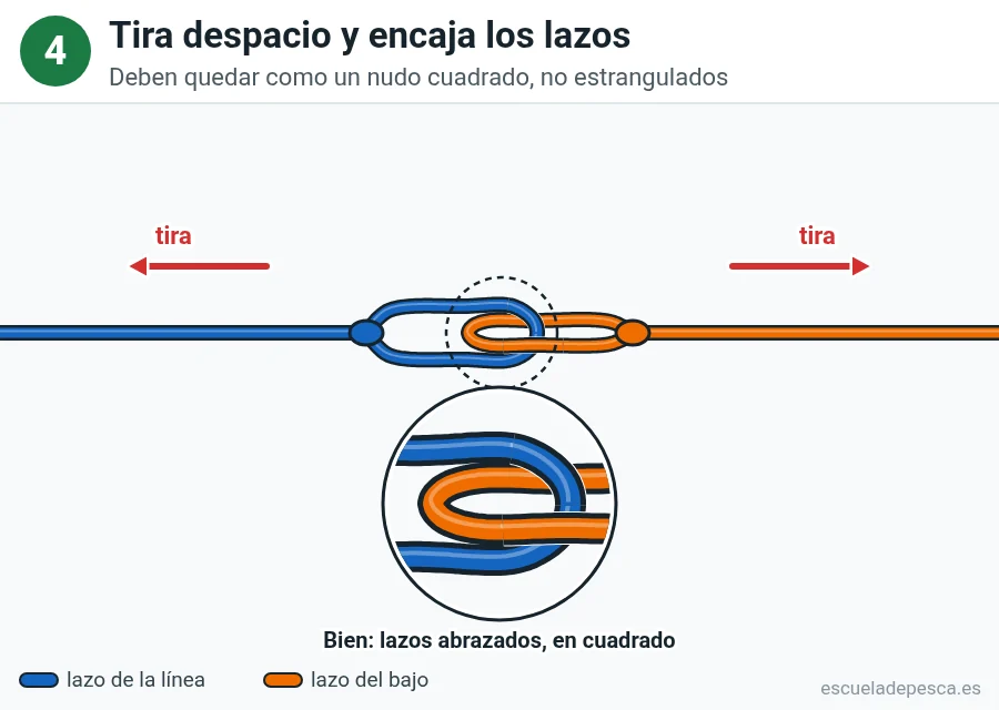 Nudo Lazo a lazo (cabeza de alondra), paso 4 de 4: Tira despacio y encaja los lazos. Deben quedar como un nudo cuadrado, no estrangulados.