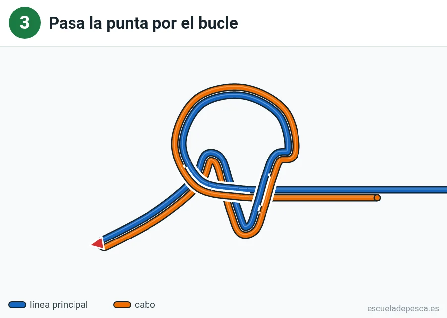 Nudo Lazo de cirujano, paso 3 de 5: Pasa la punta por el bucle.