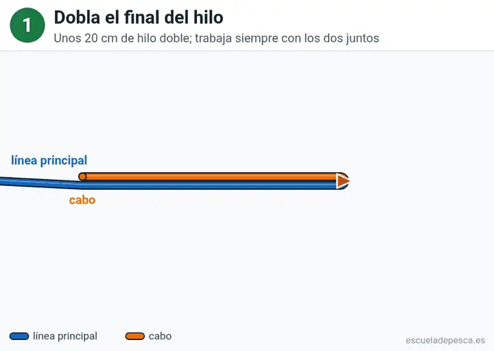 Animación del nudo Lazo en ocho: los 5 pasos seguidos, con la línea principal y el cabo en colores distintos.
