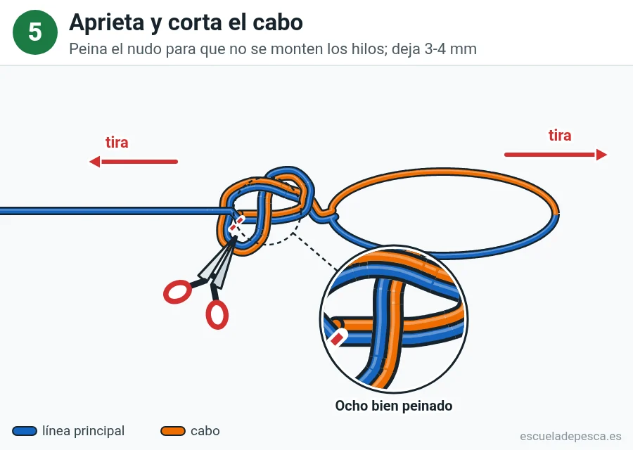 Nudo Lazo en ocho, paso 5 de 5: Aprieta y corta el cabo. Peina el nudo para que no se monten los hilos; deja 3-4 mm.