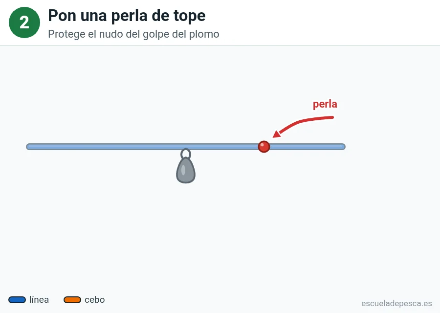 Ilustración del montaje a fondo, paso 2 de 5: una perla roja de tope en la línea, por debajo del plomo corredizo.