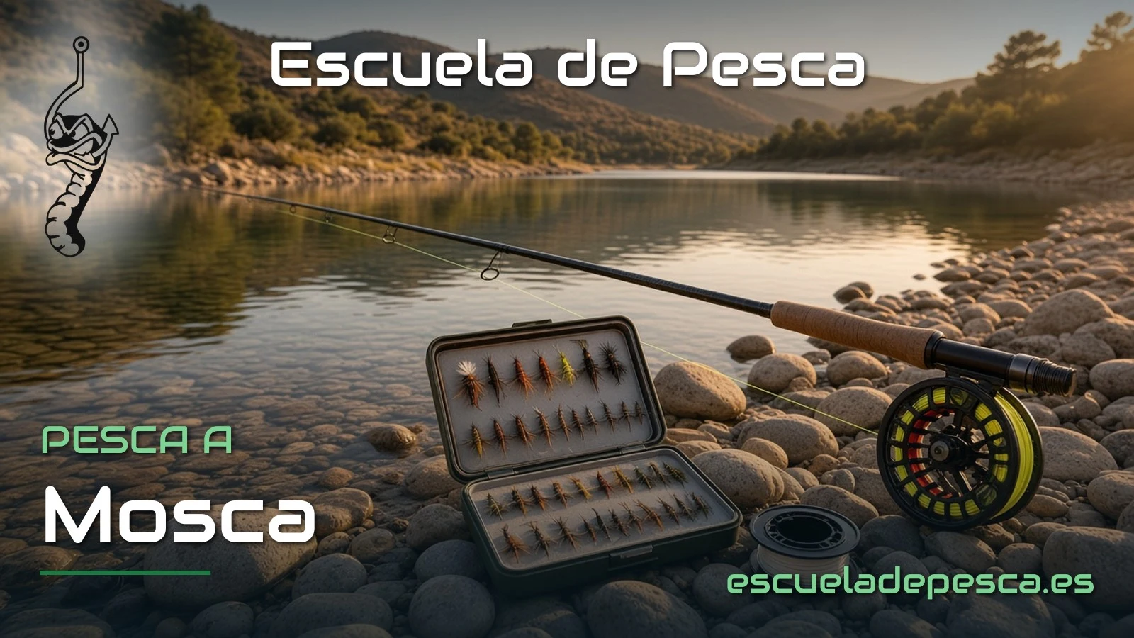 Caña y carrete de mosca con una caja de moscas en la orilla pedregosa de un río