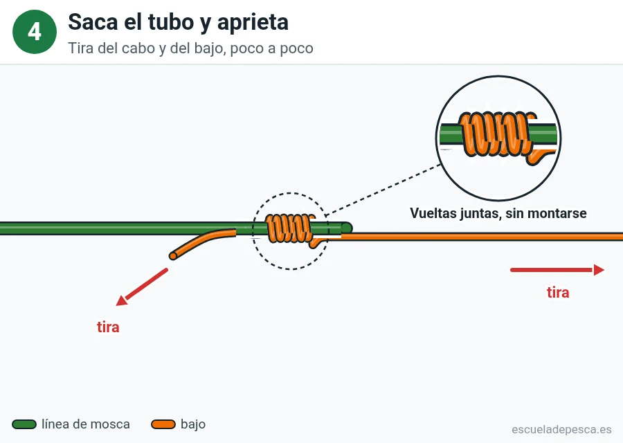 Nudo Nail knot (nudo de tubo), paso 4 de 5: Saca el tubo y aprieta. Tira del cabo y del bajo, poco a poco.
