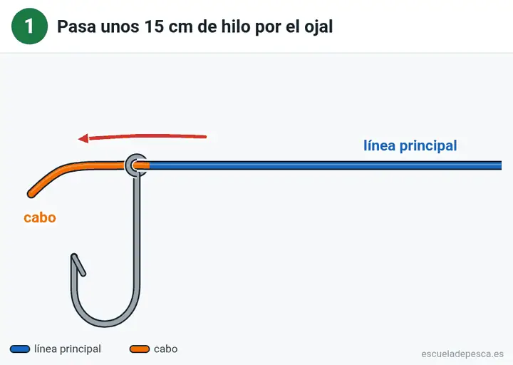Animación del nudo Clinch mejorado: los 6 pasos seguidos, con la línea principal y el cabo en colores distintos.