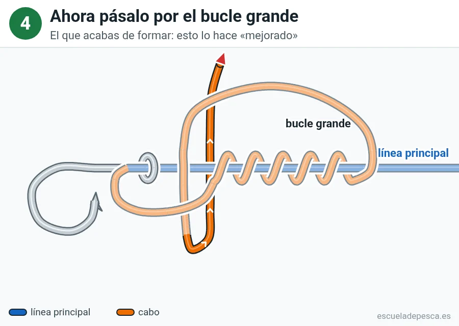 Nudo Clinch mejorado, paso 4 de 6: Ahora pásalo por el bucle grande. El que acabas de formar: esto lo hace «mejorado».