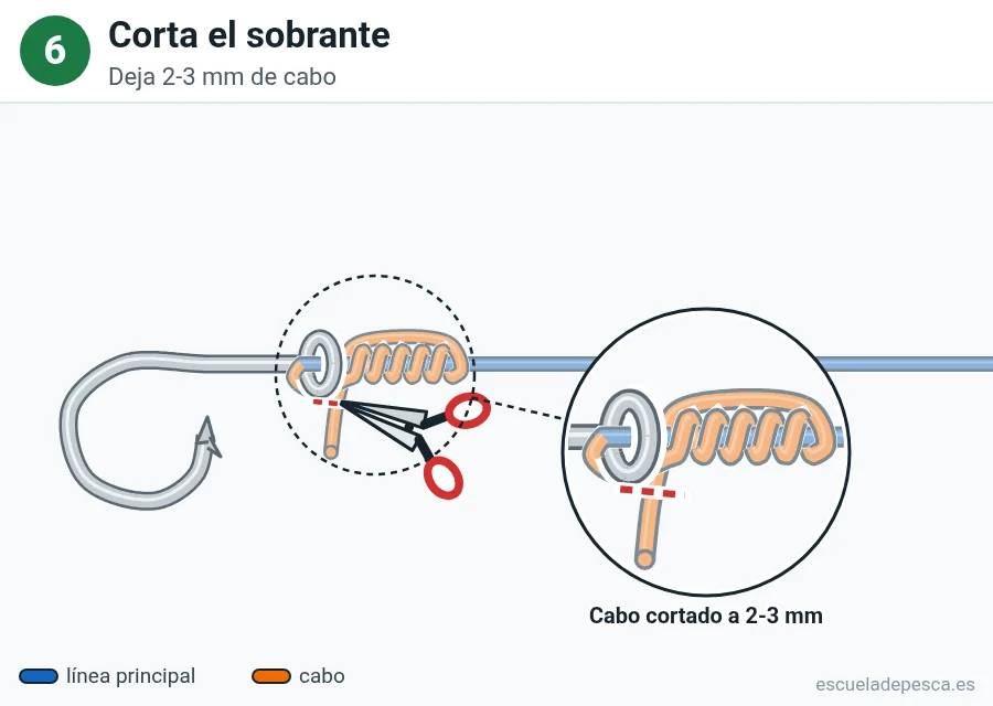 Nudo Clinch mejorado, paso 6 de 6: Corta el sobrante. Deja 2-3 mm de cabo.
