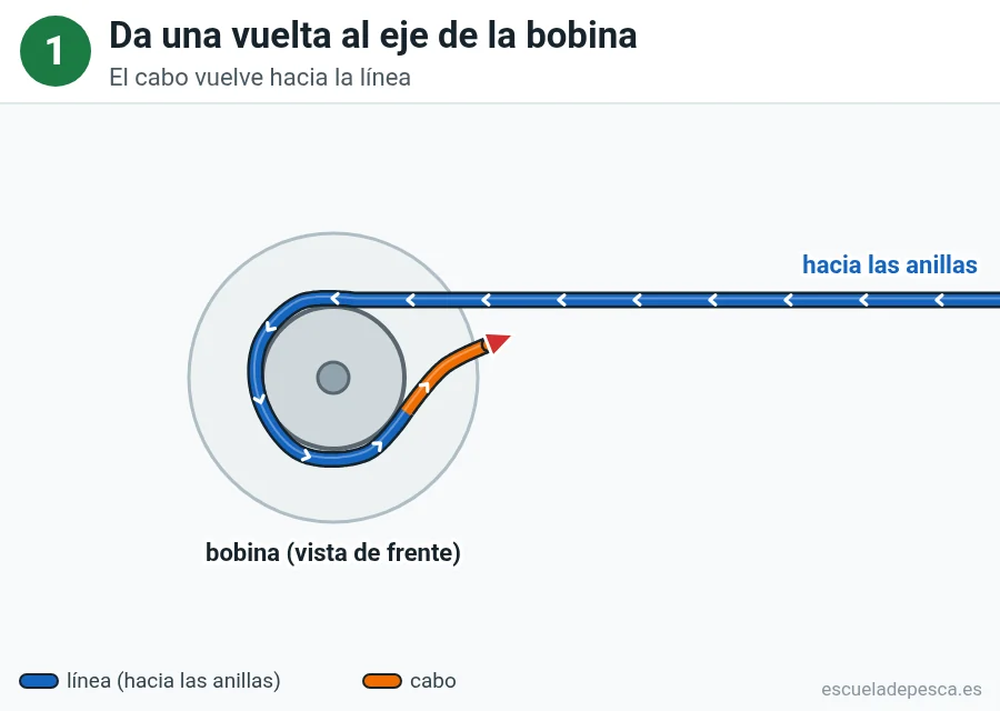 Nudo Nudo de bobina (arbor), paso 1 de 4: Da una vuelta al eje de la bobina. El cabo vuelve hacia la línea.