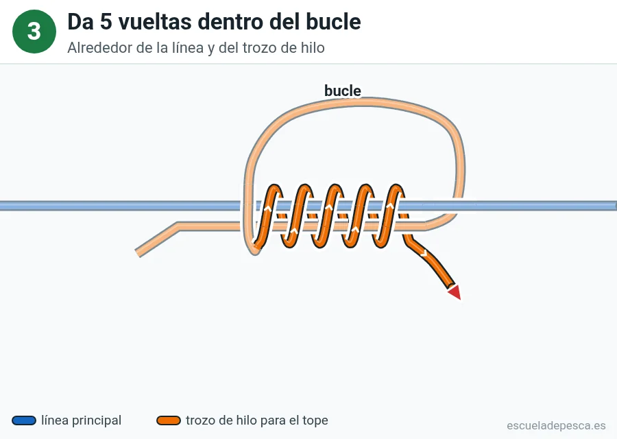 Nudo Nudo de tope, paso 3 de 5: Da 5 vueltas dentro del bucle. Alrededor de la línea y del trozo de hilo.