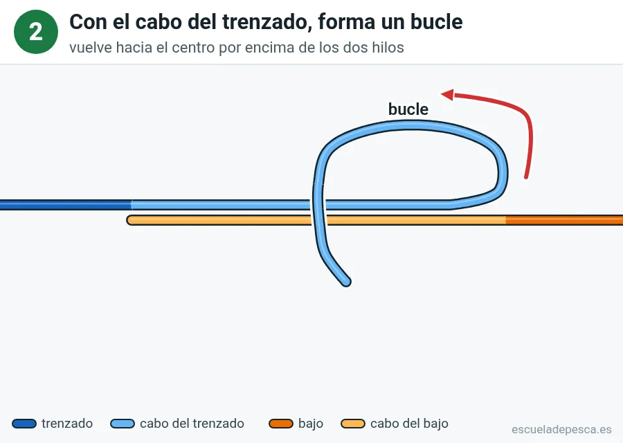Nudo Doble uni, paso 2 de 7: Con el cabo azul, forma un bucle. Vuelve hacia atrás y cruza por encima de los dos hilos.