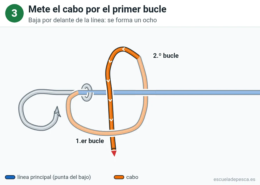 Nudo Nudo Orvis, paso 3 de 5: Mete el cabo por el primer bucle. Baja por delante de la línea: se forma un ocho.