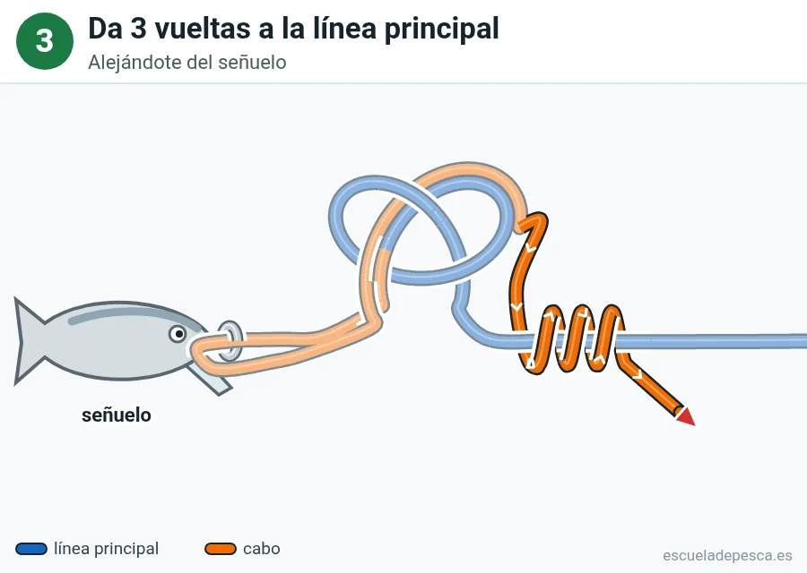 Nudo Rapala, paso 3 de 6: Da 3 vueltas a la línea principal. Alejándote del señuelo.