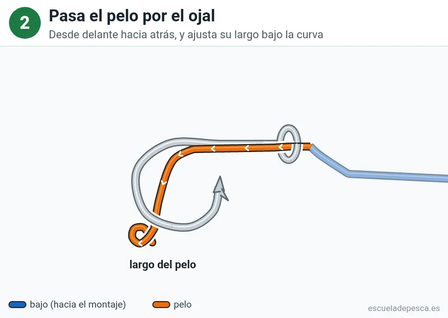 Nudo Nudo sin nudo (knotless), paso 2 de 5: Pasa el pelo por el ojal. Desde delante hacia atrás, y ajusta su largo bajo la curva.