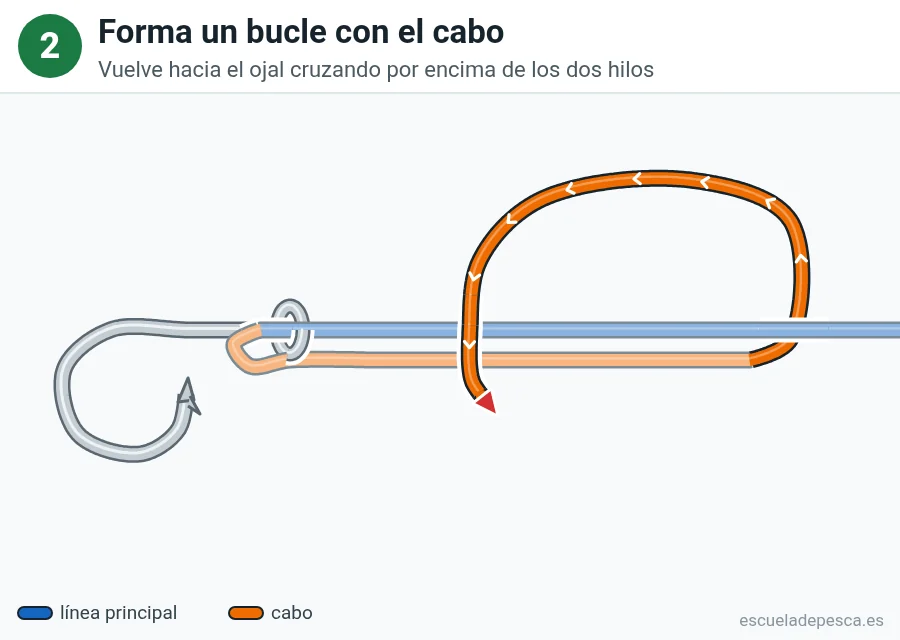 Nudo Uni (grinner), paso 2 de 5: Forma un bucle con el cabo. Vuelve hacia el ojal cruzando por encima de los dos hilos.