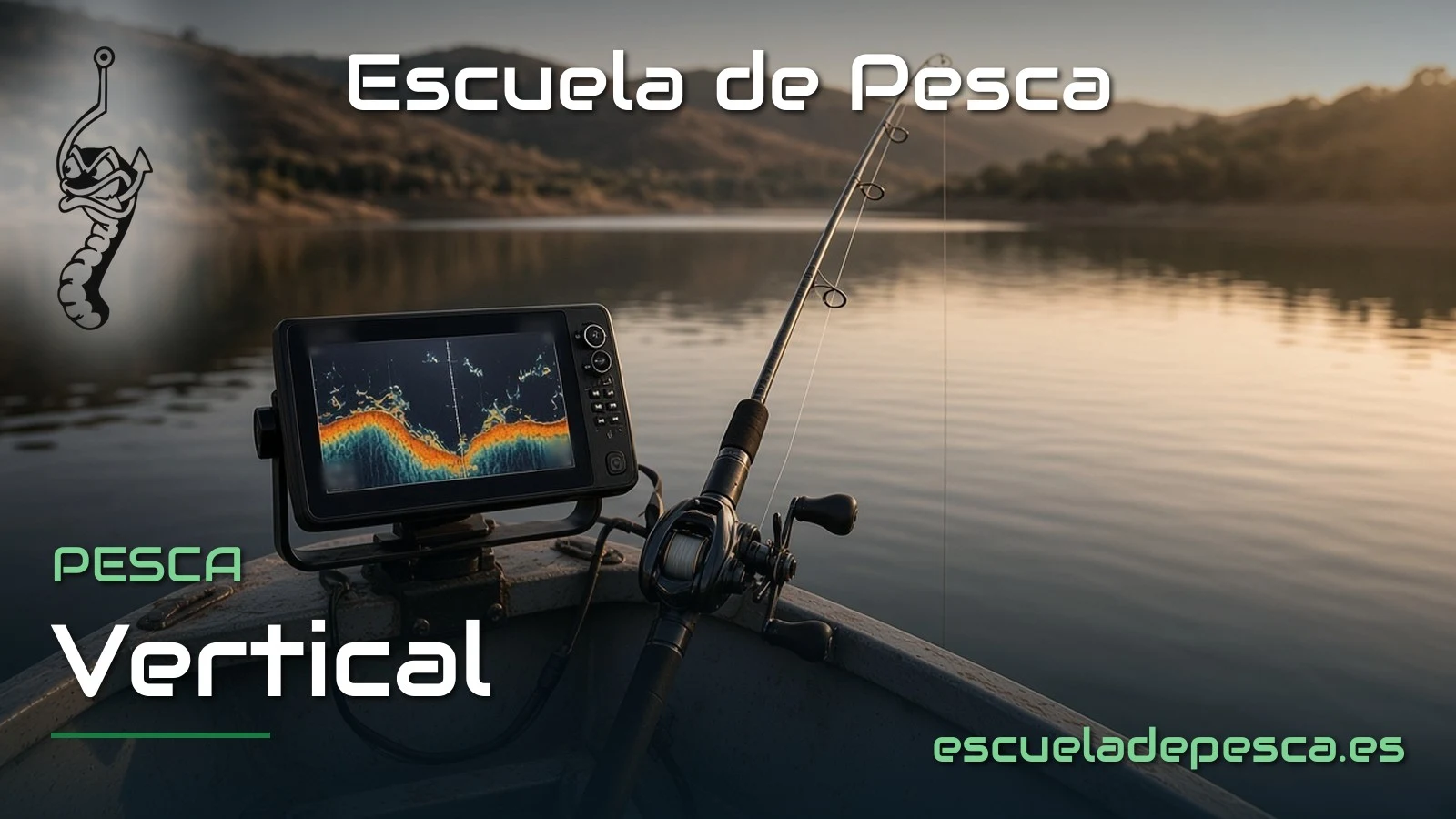Sonda y caña corta de casting en la proa de una barca para pesca vertical en un embalse