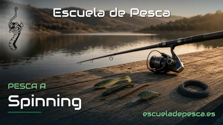 Caña y carrete de spinning con señuelos en un embarcadero de embalse