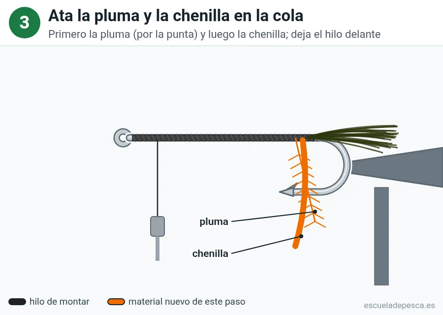 Paso 3 del Woolly Bugger: pluma y chenilla atadas en la cola